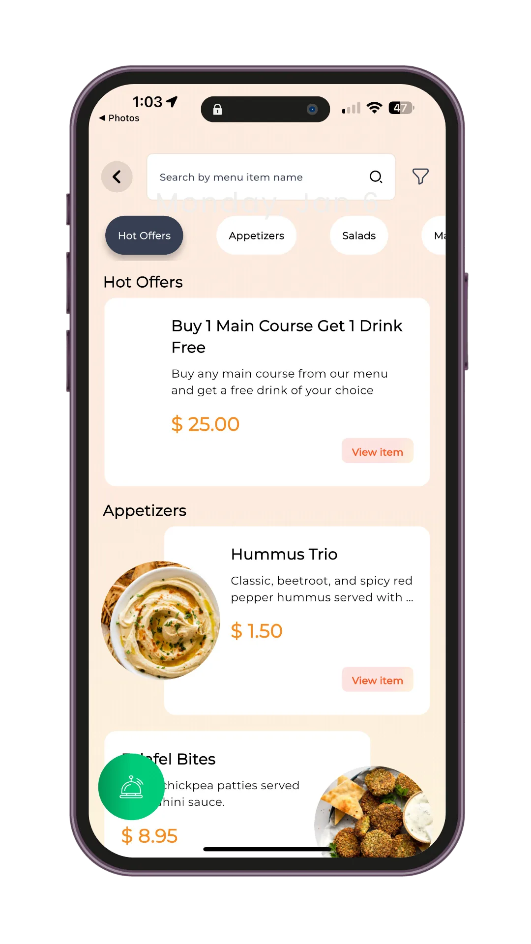 Le menu de commande client Waitery ouvert dans le navigateur d'un téléphone