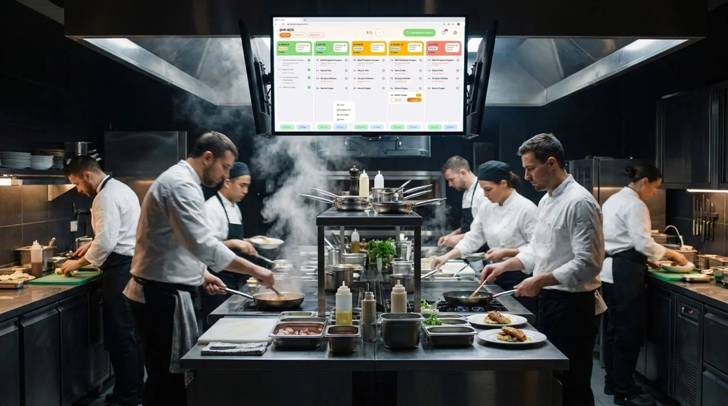 Un écran de cuisine Waitery affichant les bons en direct à côté de la ligne