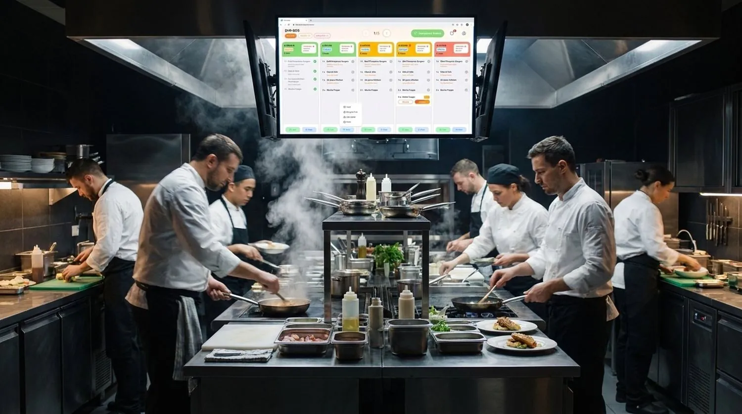 A chef working the line beside a live Waitery kitchen display