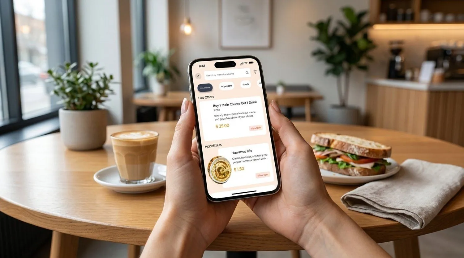 A guest ordering from the Waitery menu in their phone browser at a cafe table